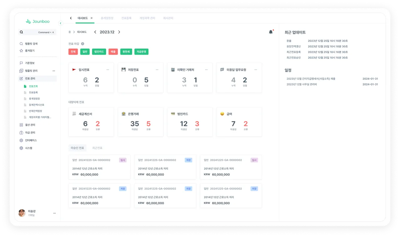 JOUNBOO dashboard — closing status, bulk transfer entries, and pending entries in one screen
